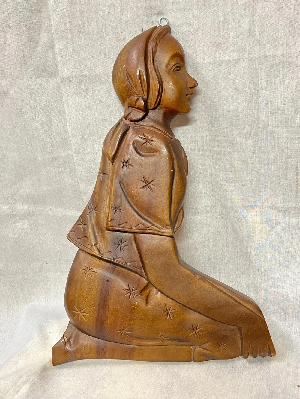 Vintage Folk Art Primitive Wooden Kneeling Woman Meditative Wall Sculpture 15.5”